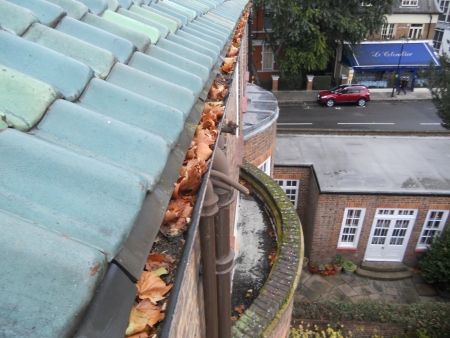 Gutter blocked with leaves needing clearance along with our downpipe, fascia and guard repairs service