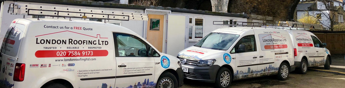 London Roofing's yard and vehicles, centrally located to provide roofing services to commercial and residential customers in most London boroughs